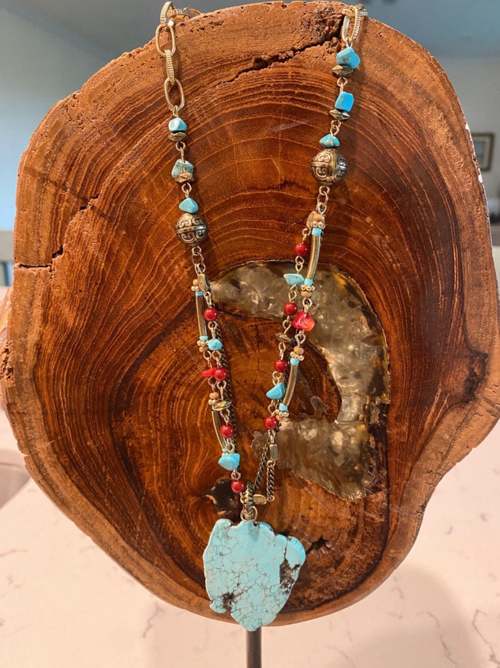 Vintage Native American Southwest Turquoise Coral Hematite Beaded Chain Necklace